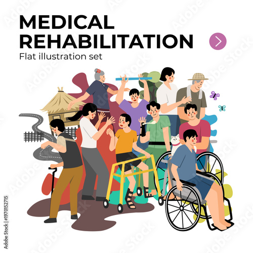 medical rehabilitation flat cartoon illustration set