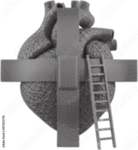 Halftone anatomical heart with ladder and bandage, comic pop art style, healing and recovery concept illustration