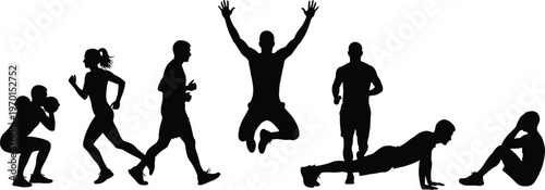 Black silhouette vector illustration of people performing fitness exercises including squats, running, jumping, standing, push‑ups, and sit‑ups on white background