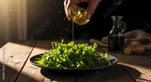 A hand carefully pours golden olive oil from a small glass cruet over fresh green arugula on a dark wooden table.