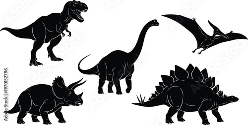 Black silhouette vector illustration of prehistoric dinosaurs including Tyrannosaurus rex, Brachiosaurus, Pteranodon, Triceratops, and Stegosaurus from the Mesozoic era on white background
