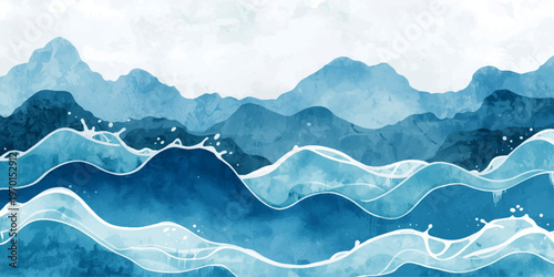 Misty mountain range peaks rise above a valley of clouds in this alpine landscape vector illustration featuring a blue sky at sunrise