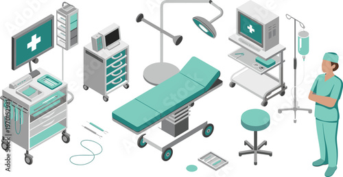 Isometric hospital operating room with surgical equipment doctor medical devices healthcare technology tools modern clinic vector illustration