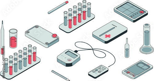 Isometric medical laboratory equipment illustration with test tubes devices diagnostics tools healthcare science technology flat vector design concept