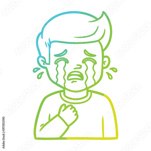 Crying boy illustration with a cyan and lime green gradient line art style on a white background