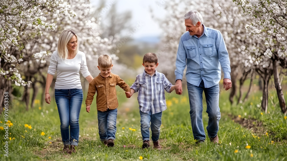 Fototapeta premium Happy multi-generational family walking hand-in-hand through blossoming orchard on a beautiful spring day.