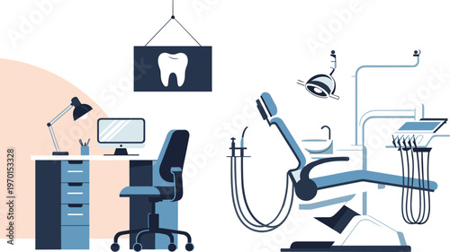 Modern dental clinic interior workspace with dentist chair equipment oral healthcare tools clean medical environment isometric vector illustration