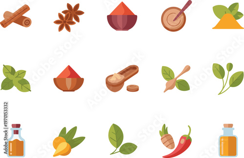 Spices and herbs icon set with natural ingredients cooking elements seasoning collection flat vector illustration isolated design