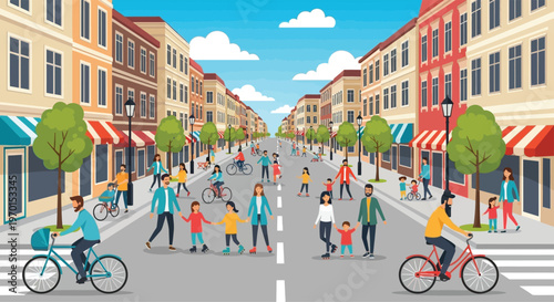 Diverse group of people enjoying a sunny day on a city street.