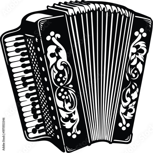 Vintage accordion with ornate details and piano keys, black and white vector illustration.