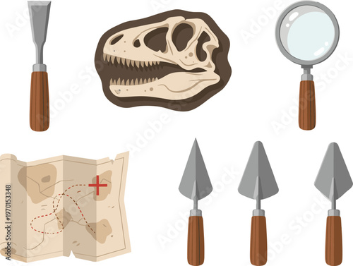 Archaeology Excavation Icons Set Featuring Fossil, Tools, Map, Magnifying Glass, and Chisels for Digging and Exploration