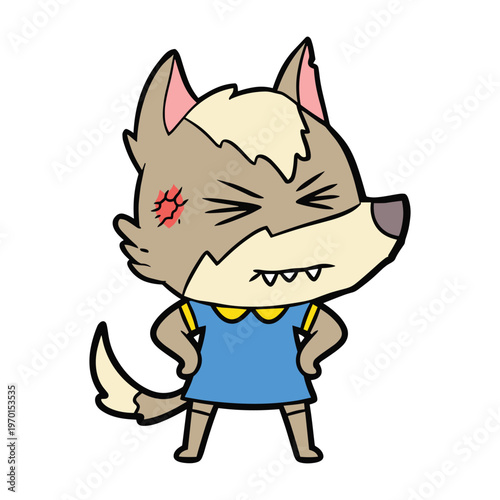 Angry cartoon wolf character wearing a blue dress with hands on hips and eyes closed tightly.