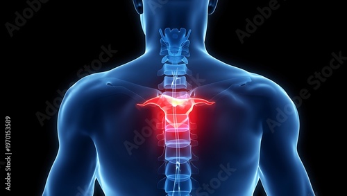 Hyper detailed 3D medical illustration of herniated spinal disc compressing nerve root with red pain highlight, transparent torso, healthcare concept for diagnosis and treatment visuals.
