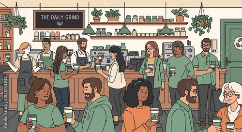 Diverse group of people enjoying coffee at a busy cafe.