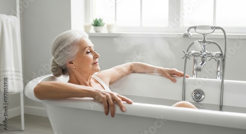 Senior Caucasian woman relaxing in a modern bathtub. Steam rises in a bright bathroom with minimalistic decor. She has gray hair and a peaceful expression.