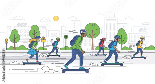 Diverse group of people enjoying skateboarding in an urban park setting.