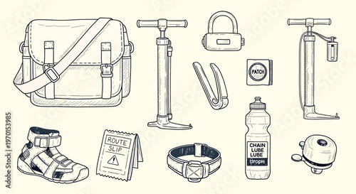 Sketch collection of cycling and repair tools isolated on transparent background