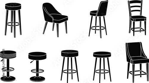 Bar Stool and Chair Icons Set Featuring Adjustable Stools, High Chairs, and Dining Chairs for Furniture and Home Design