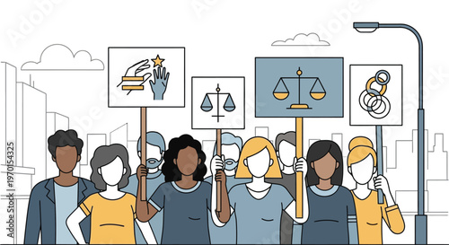 Diverse group of people holding signs advocating for justice and equality.