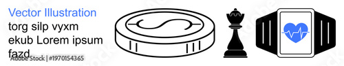 Financial management, strategic thinking, health monitoring, wellness technology, decision-making, personal growth. Coin symbol, chess king smartwatch with heart rate. Financial management