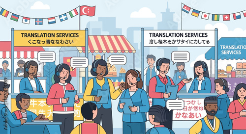 Diverse group of people working at translation service booths.