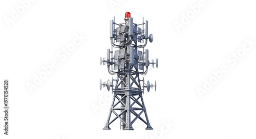 A detailed, modern telecommunications cell tower featuring multiple antennas, dishes, and a red warning light on transparent background.