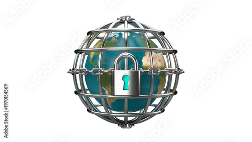 Foto Metallic globe encased in protective cage, secured with silver padlock
