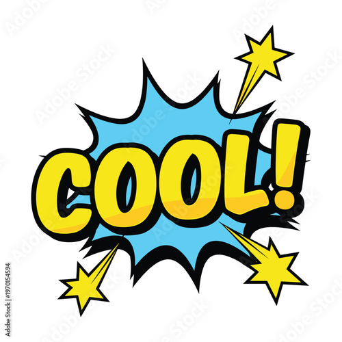 Cool word in comic book pop art style with yellow letters and blue burst background