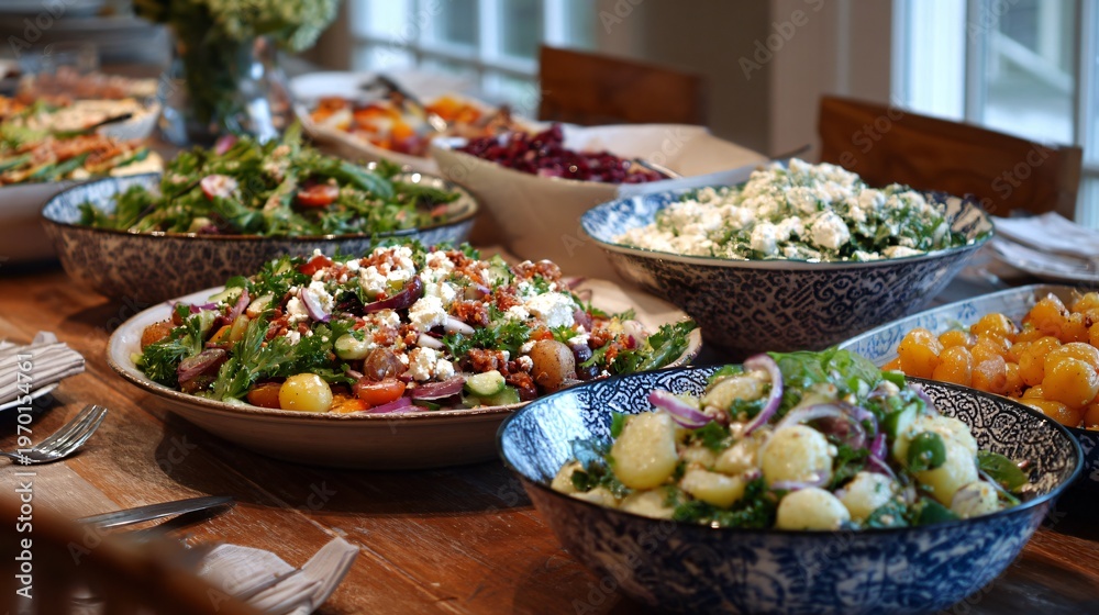 Fototapeta premium A farmhouse table spread with multiple salads and potato salad prominently placed