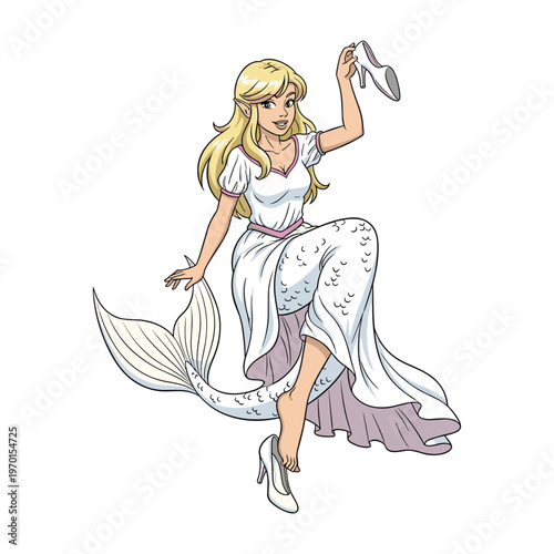 A blonde mermaid wearing a white dress and high heels holding one shoe up in the air