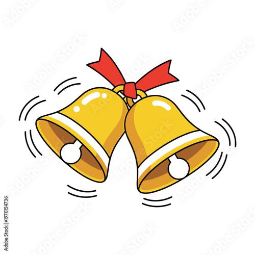 Two golden christmas bells tied together with a red ribbon and ringing on a white background.