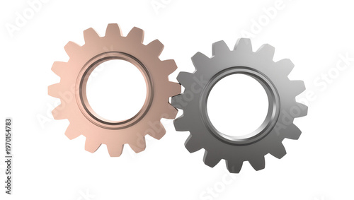 Fotografie Copper silver gear wheels interlocking, demonstrating mechanical engineering con