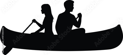 Black Silhouette Set of a Man and Woman Paddling a Canoe Together for Outdoor Lake Adventure Summer Recreation and Couple Lifestyle Activities
