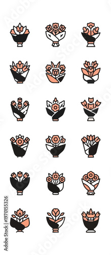 Floral arrangements in diverse styles on black background graphic