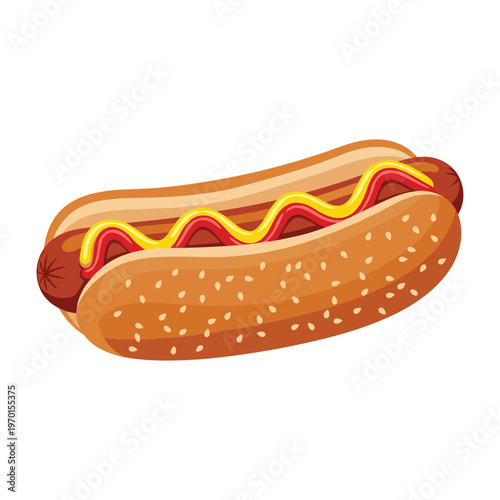 Delicious hot dog with mustard and ketchup on a sesame seed bun isolated on a white background.