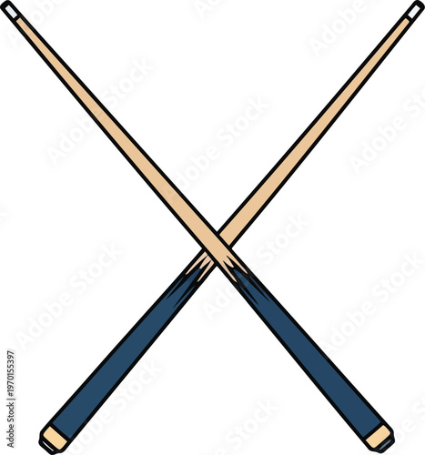 Two crossed wooden billiard cues with blue handles isolated on a white background.