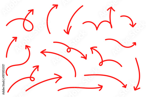 手描き風カーブ矢印セット シンプルな方向指示ラインアイコン素材集　赤