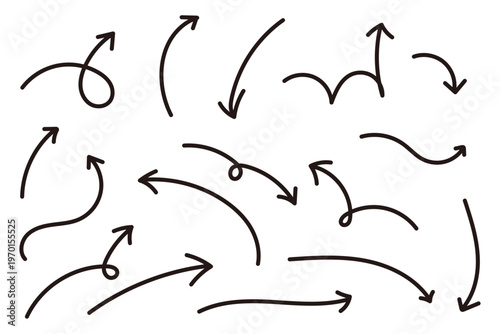 手描き風カーブ矢印セット シンプルな方向指示ラインアイコン素材集　黒