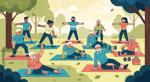 Diverse group of seniors enjoying outdoor yoga session.