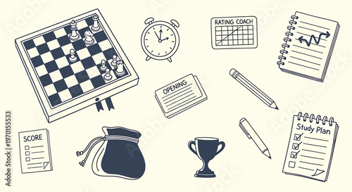 Hand drawn sketch collection board game pieces trophy and scorecards isolated on transparent background