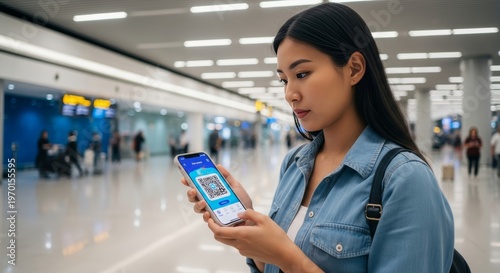 Young Asian woman with long black hair using a smartphone at an airport terminal. The background shows a modern, spacious airport environment.