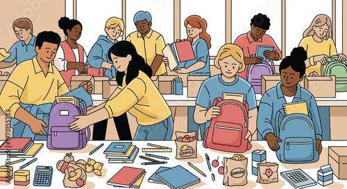 Diverse group of volunteers packing school supplies for students.