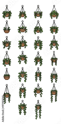 Hanging potted plants illustration with diverse arrangements on black background