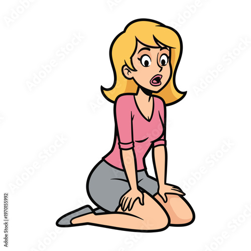 Cartoon blonde woman in pink shirt and grey skirt kneeling with a surprised facial expression.