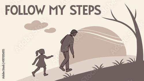 Vector illustration of parent and child with Family is Home quote. Inspirational family values design for poster, banner, parenting love concept, and warm landscape background.