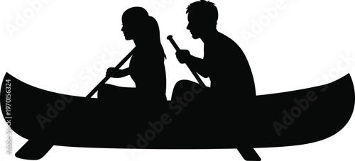 Black Silhouette Set of a Man and Woman Paddling a Canoe for Outdoor Adventure Summer Recreation Lake Activities and Couple Lifestyle Sports Concepts