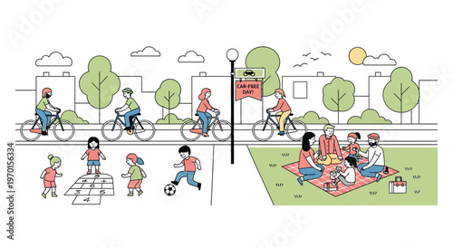 Diverse people enjoying outdoor activities in a park setting.
