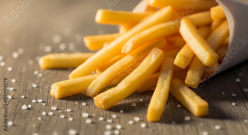 Crispy golden French fries scattered on a wooden surface with a sprinkle of salt. Fast food snack, popular side dish.