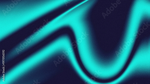 Abstract grainy gradient background with wavy cyan teal liquid fluid flow and vintage noise texture on dark navy