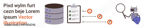Data management, cybersecurity, analytics, IT security, workflow efficiency, technology solutions. A server stack, checklist arrows search icon and robot with a shield. Data management